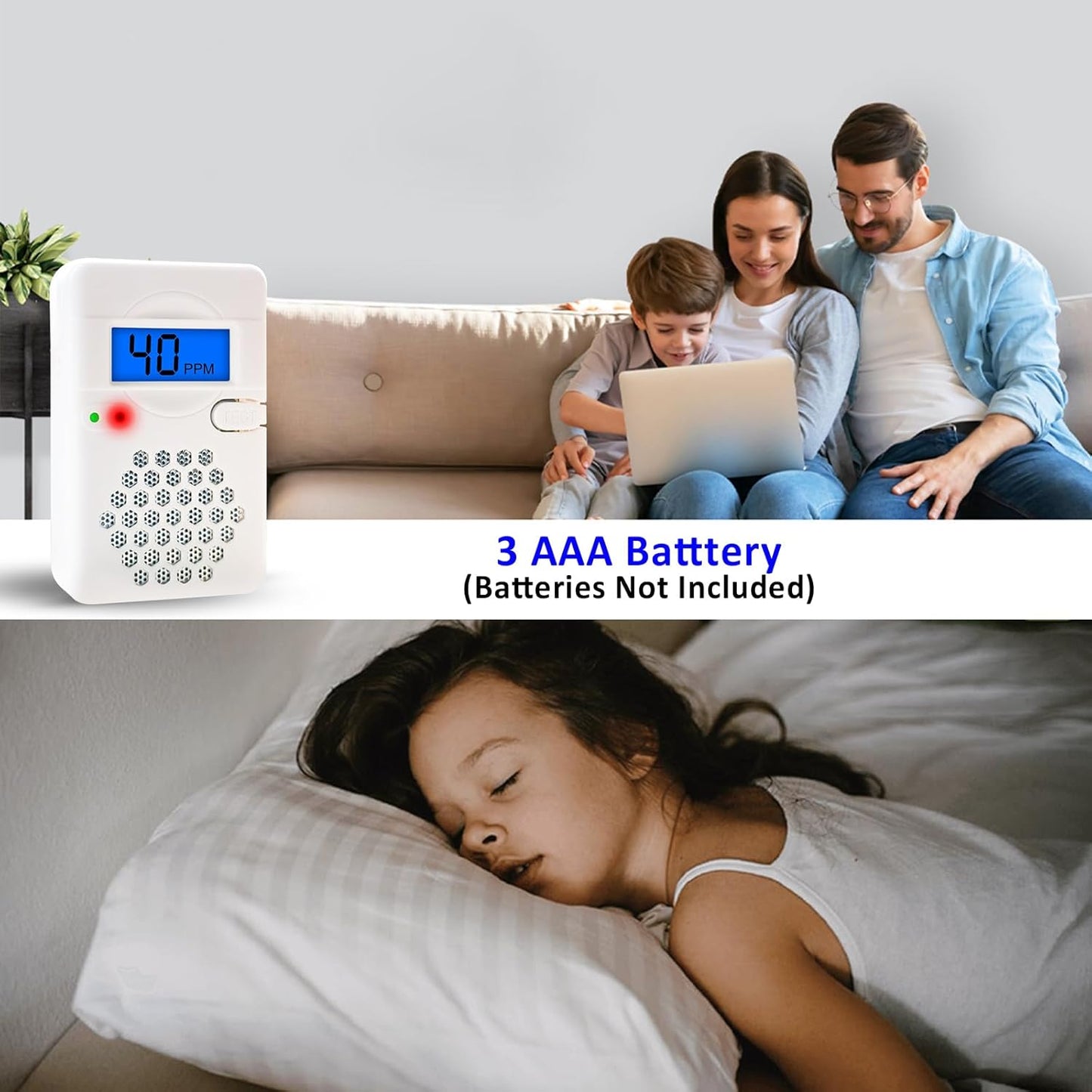 Carbon Monoxide Detector Alarm with Digital LCD Display, CO Detector Alarm with Replaceable Battery,Test-Reset Button, Low Battery Indicator, Portable,Complies with Ul2034(Batteries NOT Included)