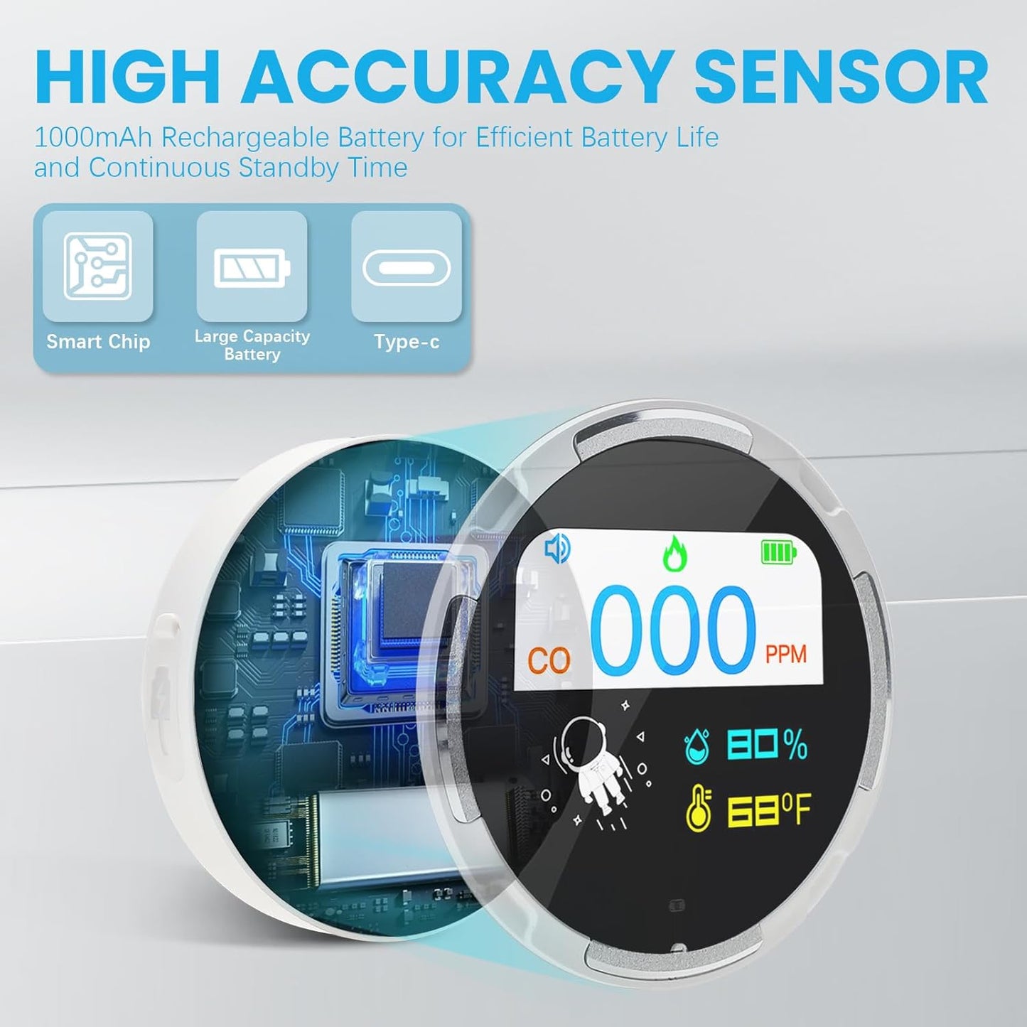 Portable Carbon Monoxide Detector, 3 in 1 CO Detector/Temp/Humidity, Rechargeable Real-Time Travel CO Monitor, Gas Detector for Home with Loud Alarm for Air Safety
