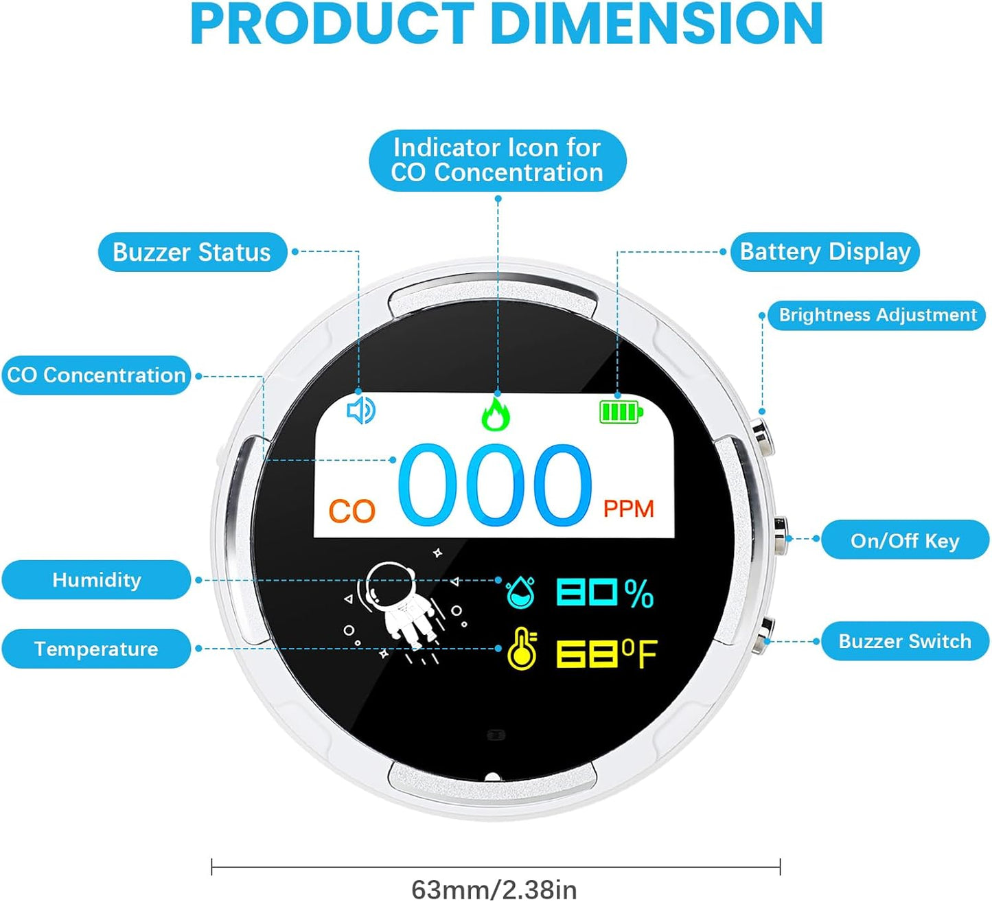 Portable Carbon Monoxide Detector, 3 in 1 CO Detector/Temp/Humidity, Rechargeable Real-Time Travel CO Monitor, Gas Detector for Home with Loud Alarm for Air Safety