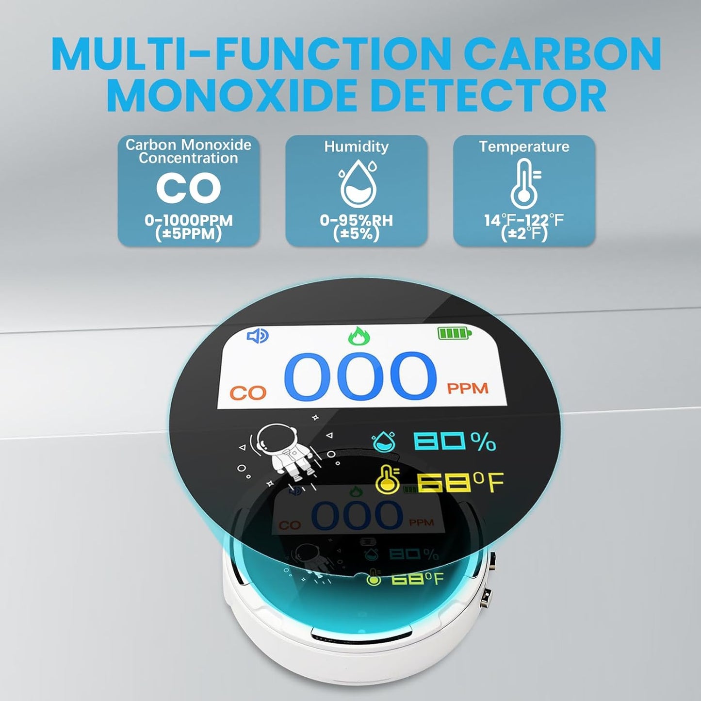Portable Carbon Monoxide Detector, 3 in 1 CO Detector/Temp/Humidity, Rechargeable Real-Time Travel CO Monitor, Gas Detector for Home with Loud Alarm for Air Safety