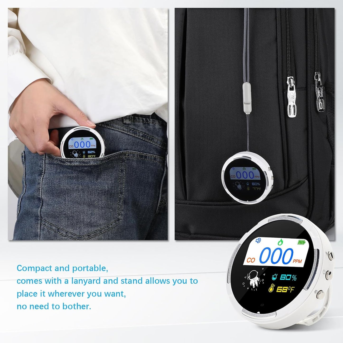 Portable Carbon Monoxide Detector, 3 in 1 CO Detector/Temp/Humidity, Rechargeable Real-Time Travel CO Monitor, Gas Detector for Home with Loud Alarm for Air Safety
