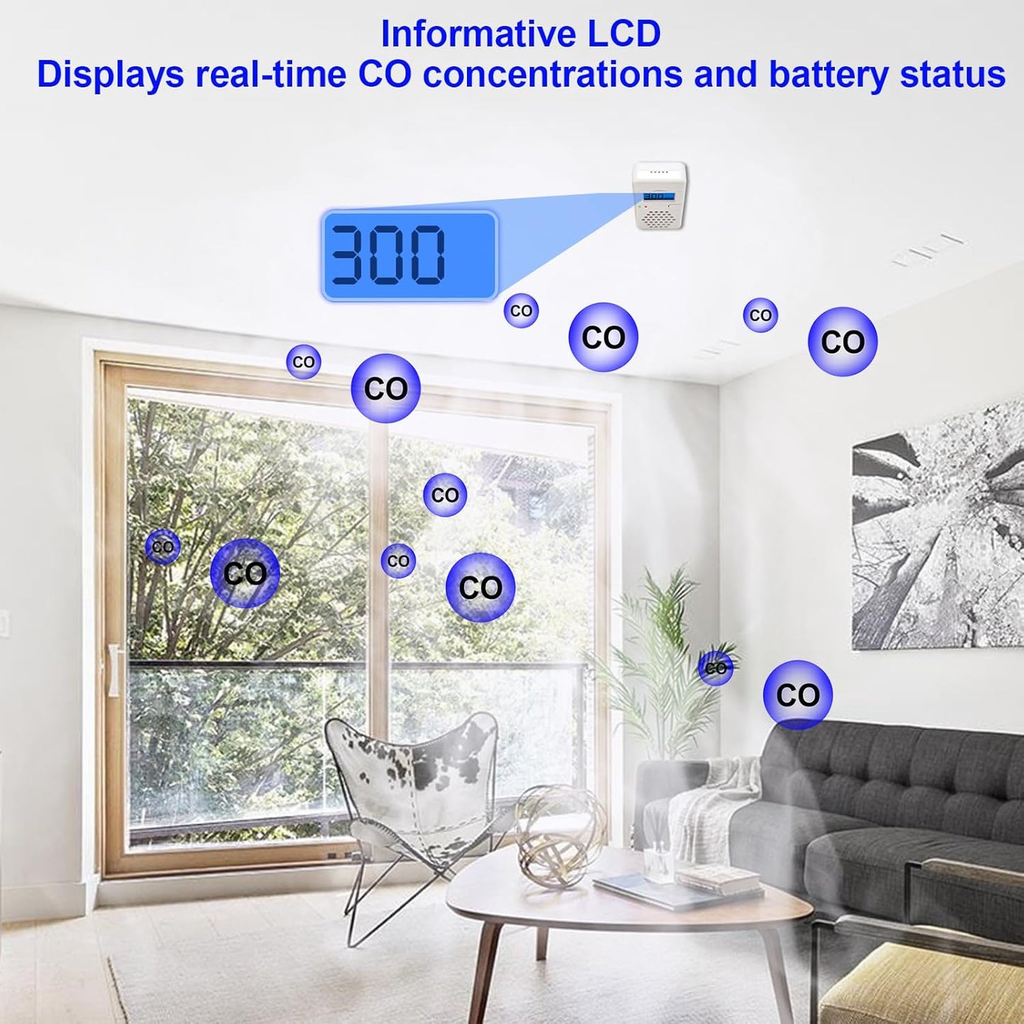 Carbon Monoxide Detector Alarm with Digital LCD Display, CO Detector Alarm with Replaceable Battery,Test-Reset Button, Low Battery Indicator, Portable,Complies with Ul2034(Batteries NOT Included)