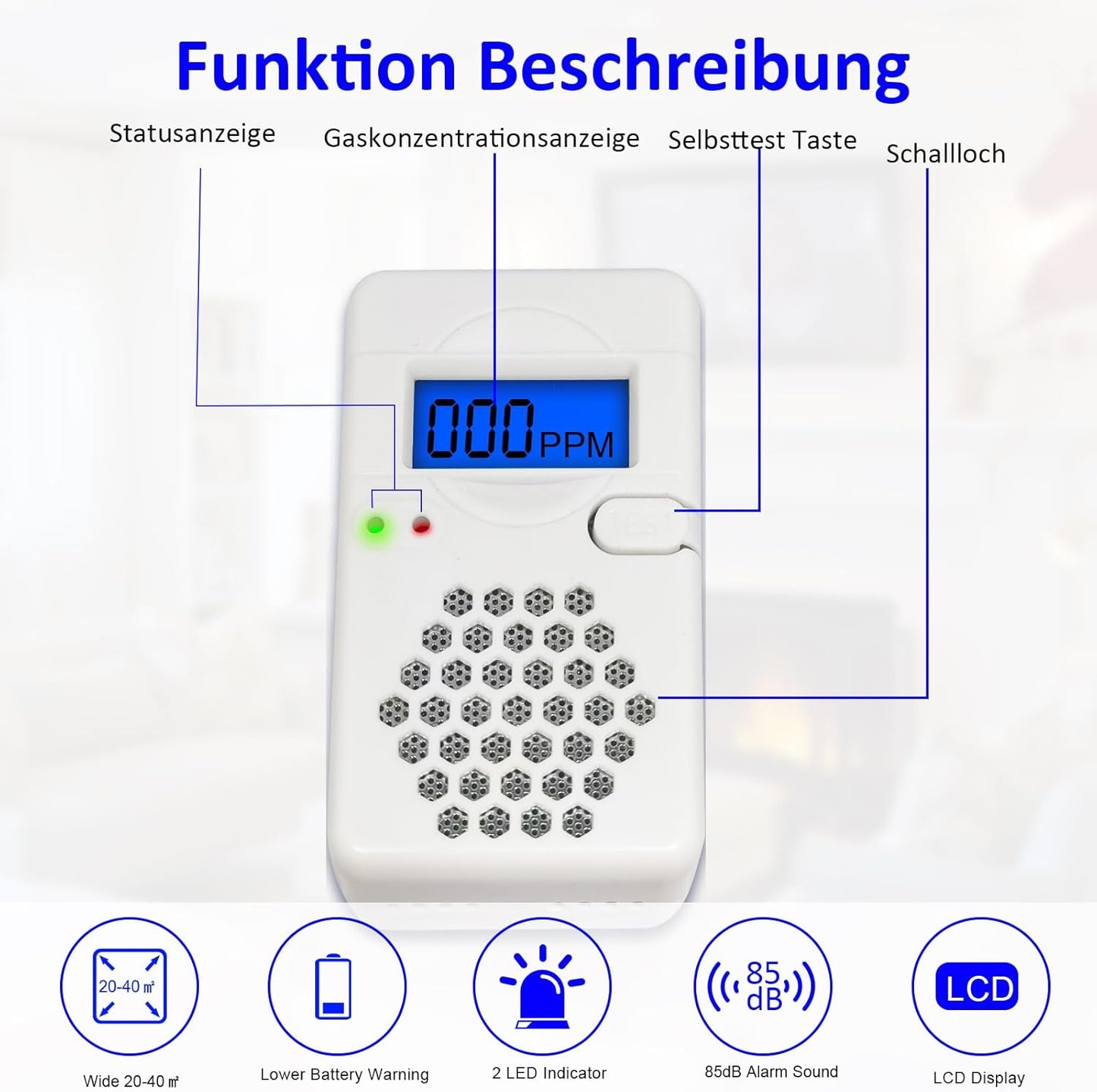 Carbon Monoxide Detector Alarm with Digital LCD Display, CO Detector Alarm with Replaceable Battery,Test-Reset Button, Low Battery Indicator, Portable,Complies with Ul2034(Batteries NOT Included)